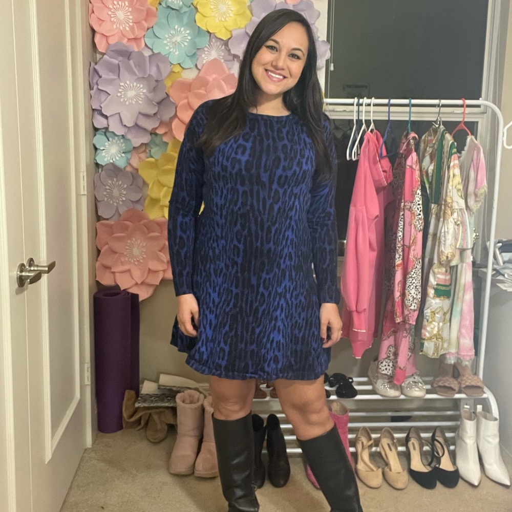 Michael Kors Blue & Black Leopard Print Dress With Long Sleeves - Picture 3 of 4
